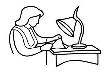 Woman Sewing at Desk with Lamp Line Art Illustration