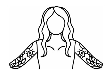 Woman with Long Hair and Ornate Arm Tattoos Line Art