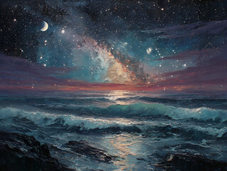 Ocean Waves Under Starry Night Sky With Crescent Moon Painting
