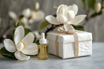 White Gift Set of Scented Oils and Magnolia Flowers