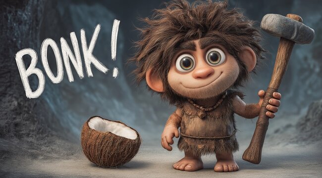 Cute 3D illustration of a prehistoric caveman character who just broke a coconut with a stone hammer, with the onomatopoeia 'BONK!'