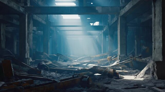 The interior of a destroyed building with exposed beams and debris, depicting devastation, abandonment, and the aftermath of a catastrophe. Ideal for crisis or ruin concepts.