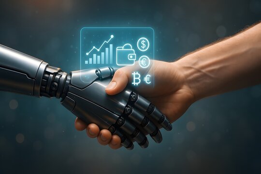 Human and AI Handshake Over Fintech Interface. Futuristic Collaboration, Digital Wallet, Currency, Stock Market, Finance Technology, Trust Partnership. 4K Realistic Image