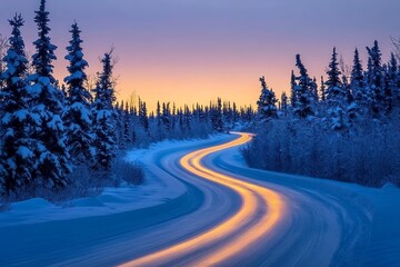 Fototapeta premium Winding Snowy Road Through a Boreal Forest at Sunset