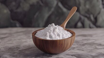 White powder, Powder, Baking powder, White Powder in Wooden Bowl with Spoon