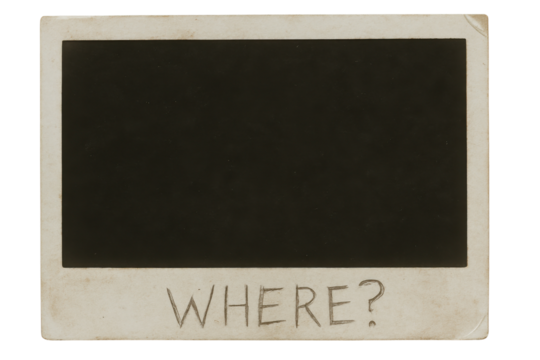 Distressed instant photo frame template with blank black space and handwritten text "WHERE?" isolated on Transparent Background
