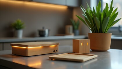 Wooden kitchen decor with plant and light box on counter surface top