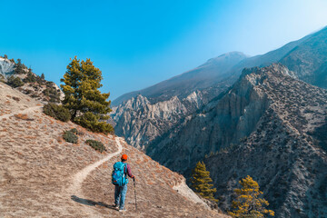 Obraz premium A man hiking on The Annapurna Circuit trek which is a classic and iconic multi-day trek in the Annapurna region of Nepal. Hiker on a Mountain Trail with a Stunning View of the Mountains.