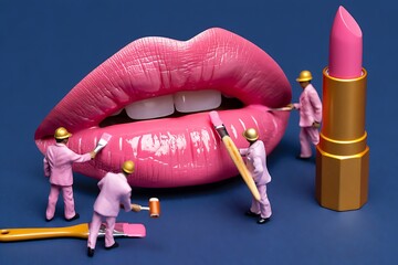 Miniature workers painting giant pink lips with lipstick