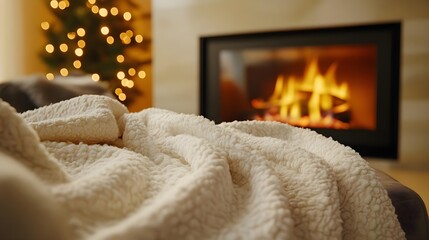 Obraz premium Cozy, Blanket, Fireplace, Cozy White Blanket by Fireplace and Christmas Tree
