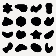 Abstract black shapes on a white background. Organic, irregular forms. Various blob-like, fluid shapes. Artistic, abstract design with unique shapes. Black shape vector set.