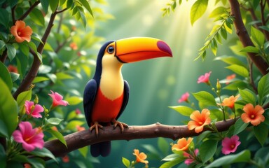 Colorful toucan perched on a branch amidst vibrant flowers in lush greenery.