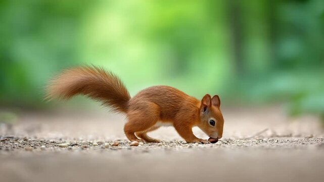 Red squirrel rodent animal forest eating nut wildlife with bushy tail ground natural background
