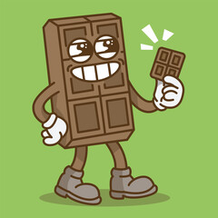 Retro Cartoon Character Illustration of Chocolate Bar Holding Chocolate. To Commemorate World Chocolate Day
