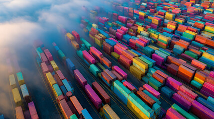 Fototapeta premium Colorful shipping containers stacked in rows at an industrial port, Global trade and logistics in motion