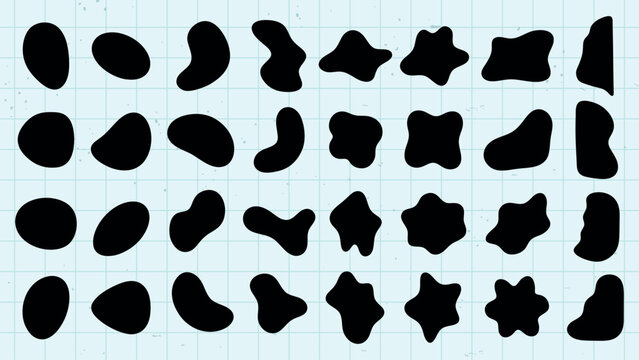 Abstract black shapes on a white background. Organic, irregular forms. Various blob-like, fluid shapes. Artistic, abstract design with unique shapes. Black shape vector set.