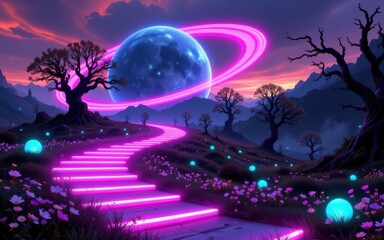 A vibrant landscape with a glowing path under a cosmic sky.