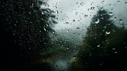 Obraz premium Raindrops on a window pane with blurry forest background on a overcast day