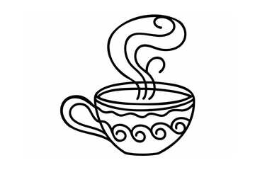 Steaming Hot Drink in Ornate Mug Black Line Art coffee