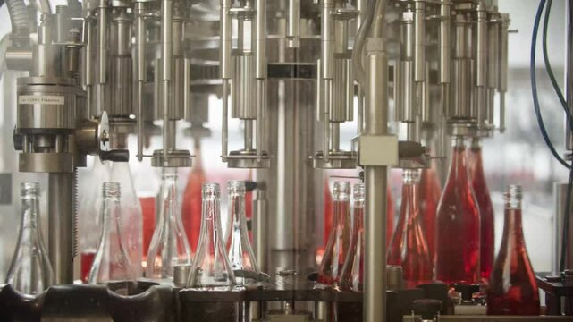 Red wine bottles on a conveyor belt are automatically filled and sent to the next station in a winery production line