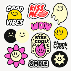 Colorful stickers with smiley faces, positive phrases, and playful designs Smiley faces and positive vibes in bright, playful colors Fun and vibrant sticker collection Funky stickers, vector set
