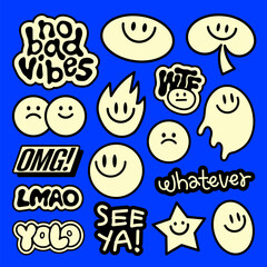 Colorful stickers with smiley faces, positive phrases, and playful designs Smiley faces and positive vibes in bright, playful colors Fun and vibrant sticker collection Funky stickers, vector set