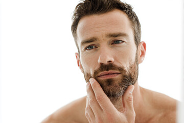 a man with a beard and no shirt looking in the mirror