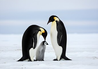Fototapeta premium Emperor Penguin Family with Chick on Snow