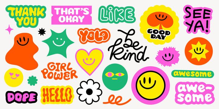 Colorful stickers with smiley faces, positive phrases, and playful designs Smiley faces and positive vibes in bright, playful colors Fun and vibrant sticker collection Funky stickers, vector set