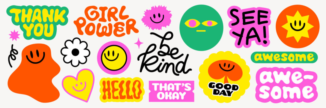 Colorful stickers with smiley faces, positive phrases, and playful designs Smiley faces and positive vibes in bright, playful colors Fun and vibrant sticker collection Funky stickers, vector set