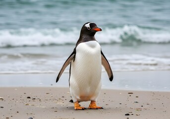 Naklejka premium Gentoo Penguin on Sandy Beach with Waves