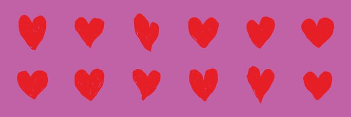 Red hearts pattern on pink background. Hearts arranged in rows. Red hearts on pink create a vibrant, romantic design. Heart pattern for love-themed decor. Cute hand drawn Valentine's Day vector set.