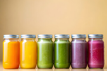 Six colorful fresh juices in glass jars, perfect for a healthy and refreshing start to the day. These vibrant drinks represent a natural and organic lifestyle, ideal for health-conscious consumers.