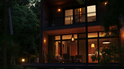 Modern home glowing at dusk, warmth and comfort in twilight.