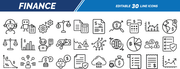 Finance line icon set showing customer support, financial charts, AI automation, global trading, planning, and digital currency solutions.