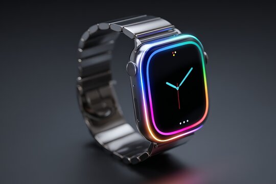 Floating Smartwatch with Rainbow LED Lights on Grey Background - Powered by Adobe