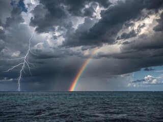 Stormy Ocean with Lightning Bolt and Faint Rainbow at Horizon