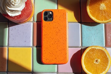 Orange Speckled Phone Case on Colorful Square Tiles