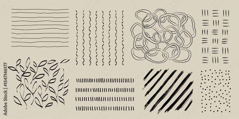Poster abstract line patterns with various designs. patterns include stripes, loops, and leaves. line patte