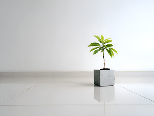 Small Potted Plant on White Floor with Minimalist Modern Wall Backdrop