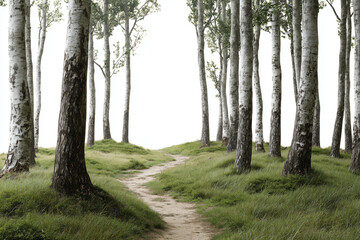 Naklejka premium a dirt path through a forest with tall trees