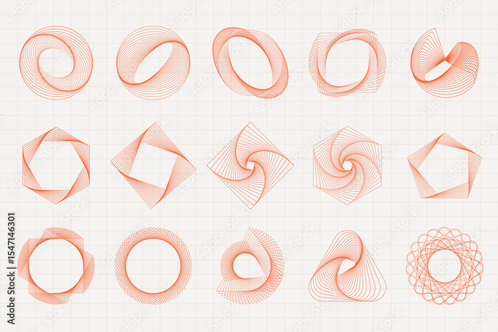 Poster abstract geometric patterns in orange on a grid background. spirals, circles, and polygons create dy