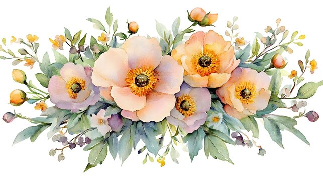 Watercolor, Floral, Arrangement, Watercolor Floral Arrangement with Peach and Lavender Flowers