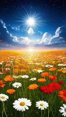 Celestial Dichotomy: Where Day Meets Night in a Flower Meadow