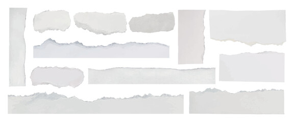 Torn paper edges, rough and textured. White torn paper strips, various shapes. Torn paper for scrapbooking, collage, and crafts. Torn paper, rough edges. Ripped element set. Vectors.