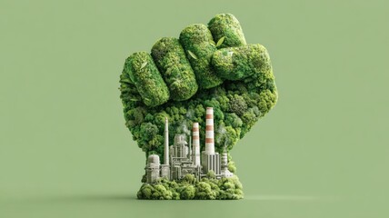 Sustainable finance ESG investment. Eco-friendly fist made of foliage, symbolizing nature and industry fusion.
