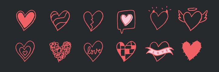 A collection of red heart icons on a dark background. Various heart designs include broken, angelic, and love-themed. Heart shapes, love symbols, red hearts. Cute hand drawn love doodle, set. Vectors.