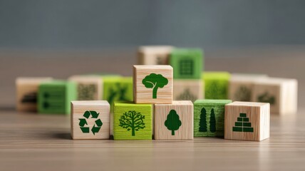 Sustainable finance ESG investment. Wooden blocks with nature-themed symbols arranged on a surface, emphasizing sustainability and eco-friendliness.