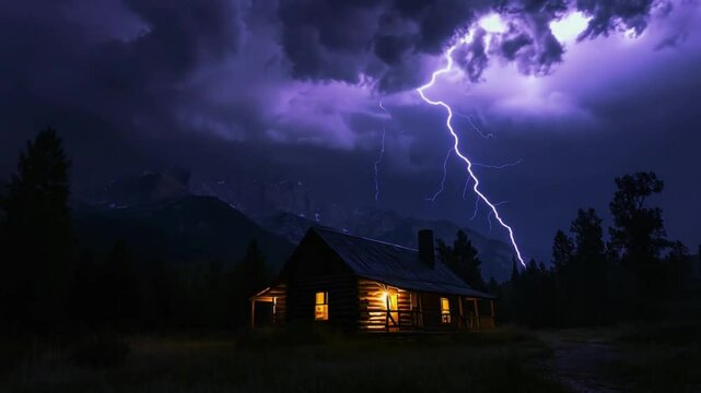 Stormy Night at Mountain Cabin: A Dramatic Lightning Strike