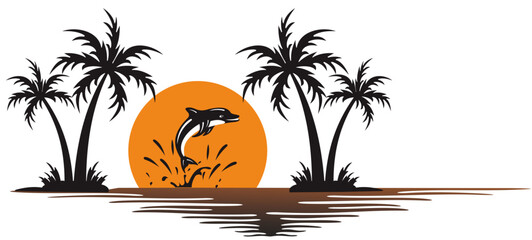 silhouette of palm tree with dolphin jumping and moonlight on white background © Ari